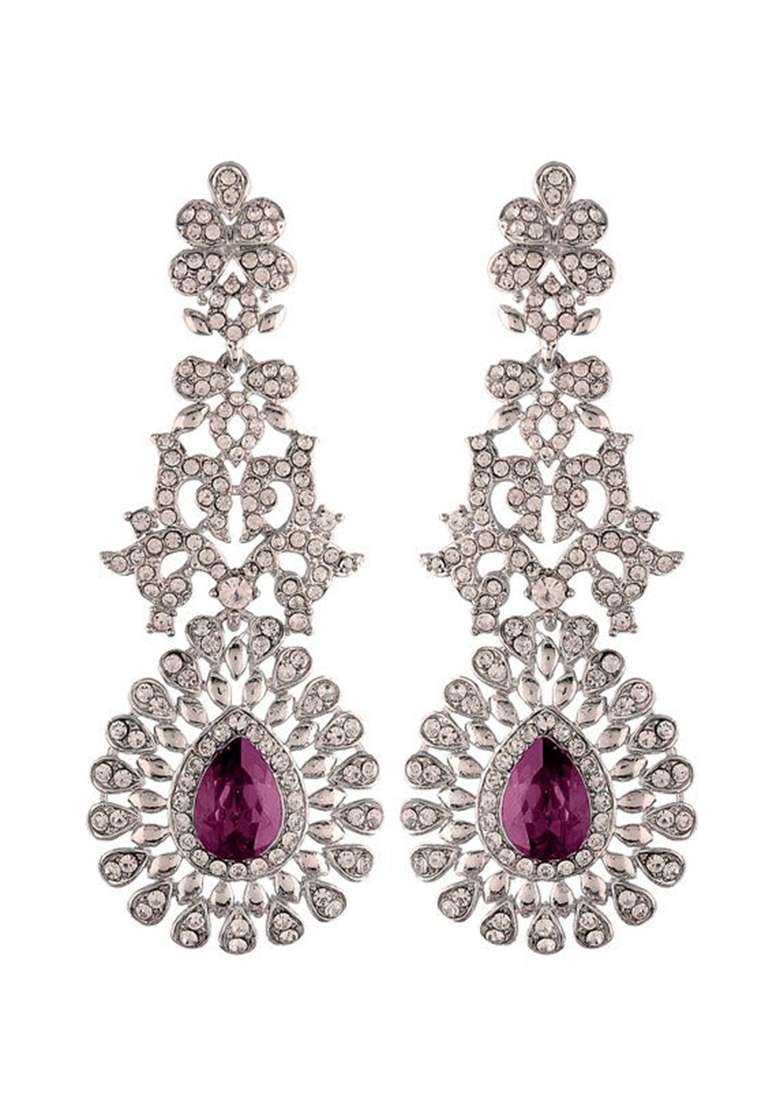 Rhodium Plated American Diamond Sparkling Dangle Earrings - Indya