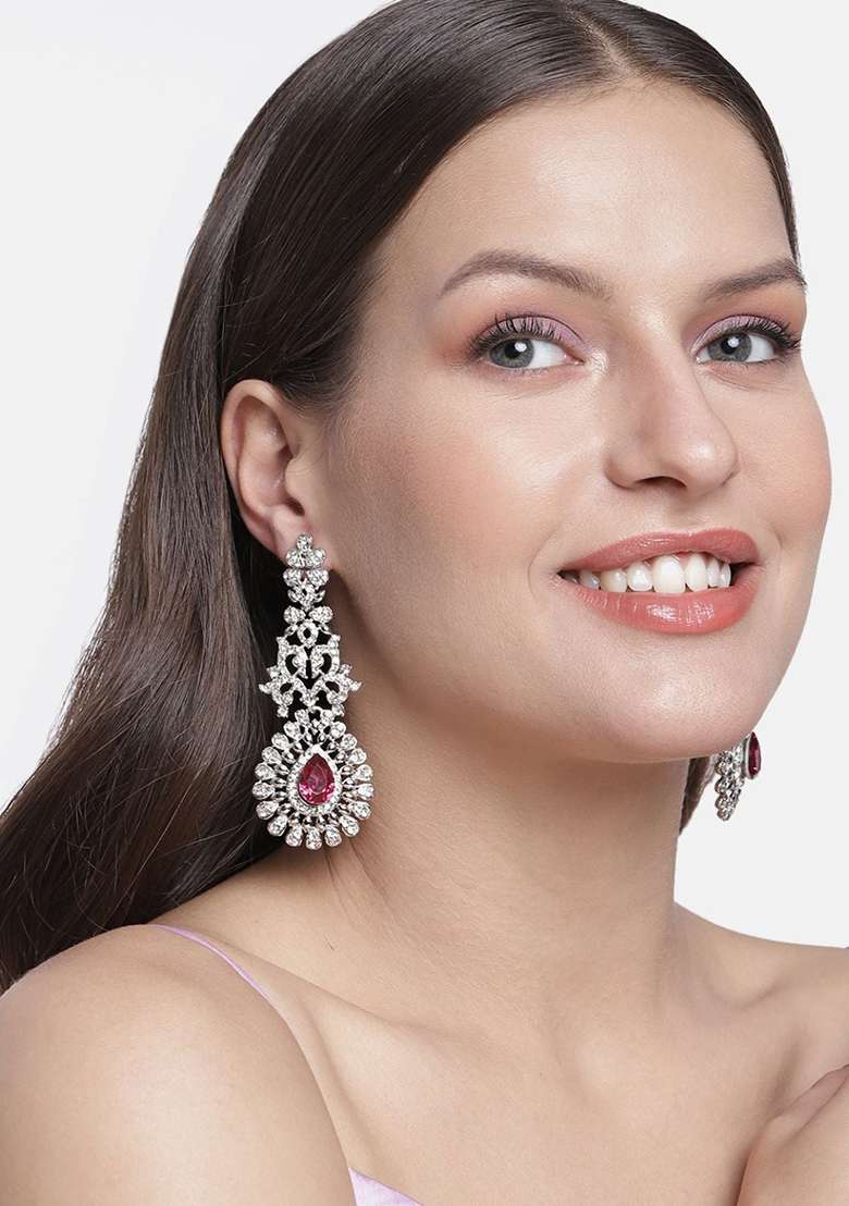 Rhodium Plated American Diamond Sparkling Dangle Earrings - Indya