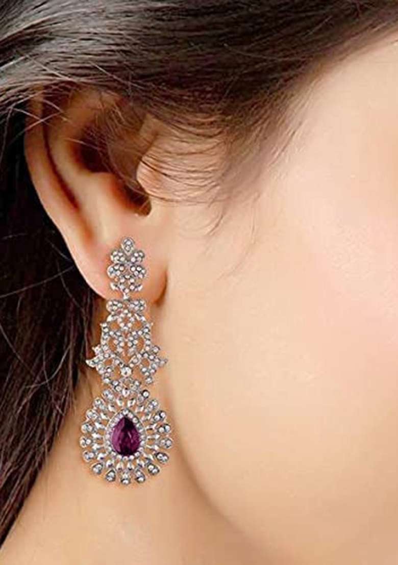 Rhodium Plated American Diamond Sparkling Dangle Earrings - Indya