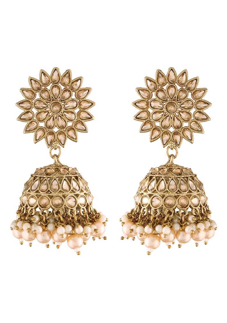 Gold Plated Traditional Handcrafted Jhumka Earrings Encased With Faux Kundan And Pearl