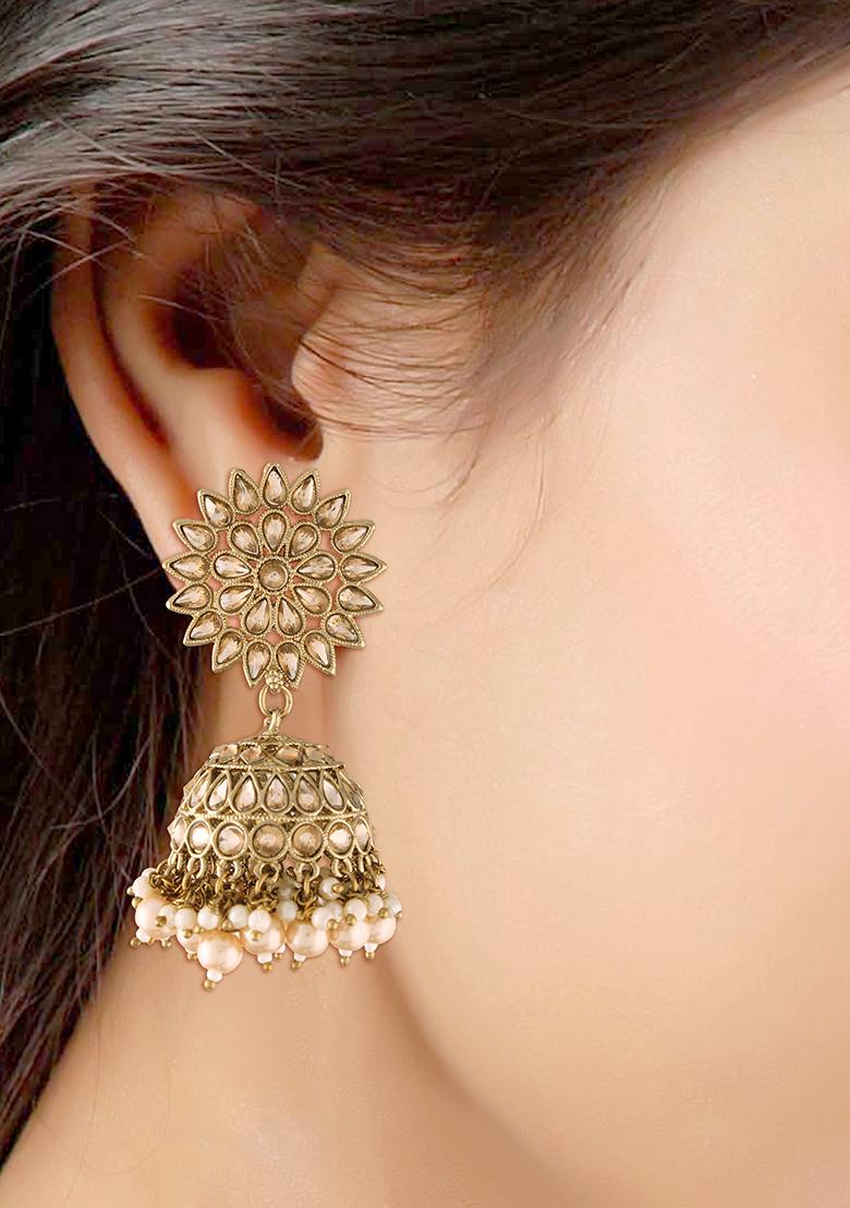 Gold Plated Traditional Handcrafted Jhumka Earrings Encased With Faux Kundan And Pearl