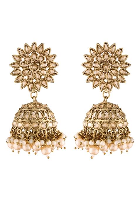 Gold Plated Traditional Handcrafted Jhumka Earrings Encased With Faux Kundan And Pearl
