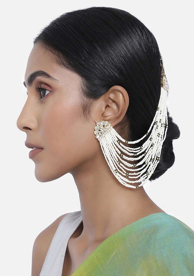 Gold Plated Multi Strand Earring With Chain Embellished With Pearl - Indya