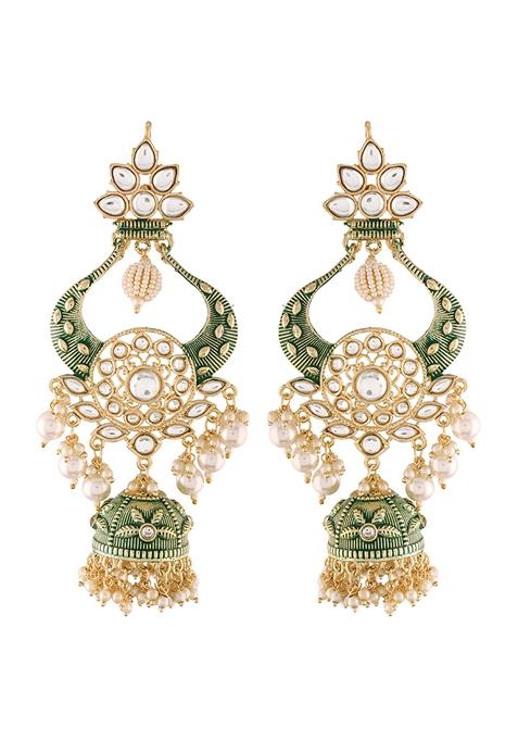 Gold Plated Green Enamel Gilded With Kundan And Pearl Jhumka Earrings