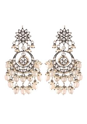 Silver Oxidised Traditional Handcrafted Pearl Kundan Beaded Chandbali Earrings - Indya