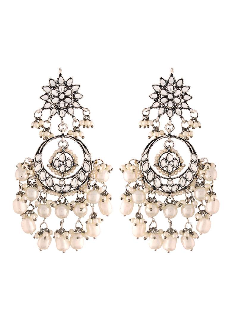 Silver Oxidised Traditional Handcrafted Pearl Kundan Beaded Chandbali Earrings - Indya