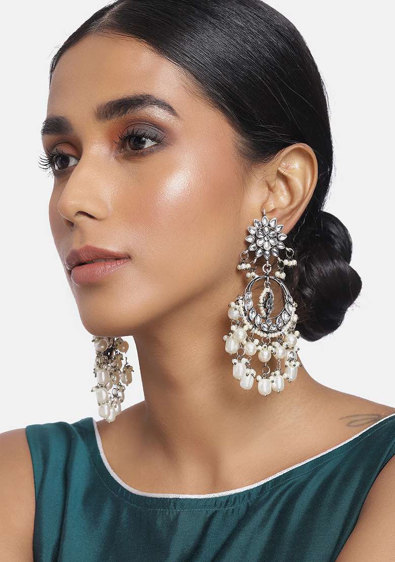Silver Oxidised Traditional Handcrafted Pearl Kundan Beaded Chandbali Earrings - Indya