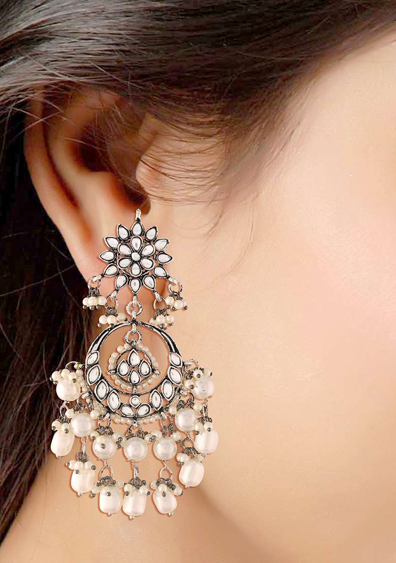 Silver Oxidised Traditional Handcrafted Pearl Kundan Beaded Chandbali Earrings - Indya