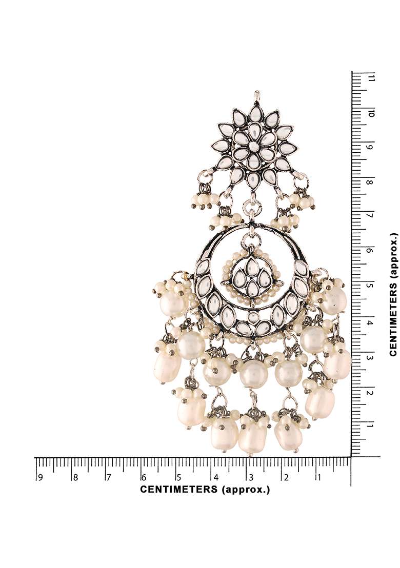 Silver Oxidised Traditional Handcrafted Pearl Kundan Beaded Chandbali Earrings - Indya