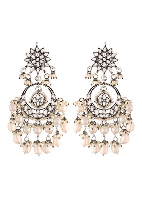 Silver Oxidised Traditional Handcrafted Pearl Kundan Beaded Chandbali Earrings