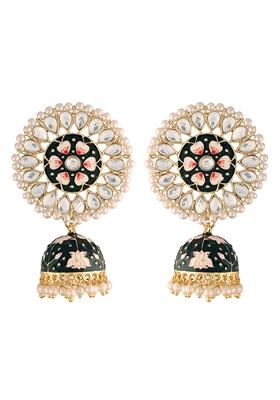 Gold Plated Traditional Handcrafted Kundan Pearl Studded Meenakari Jhumka Earrings