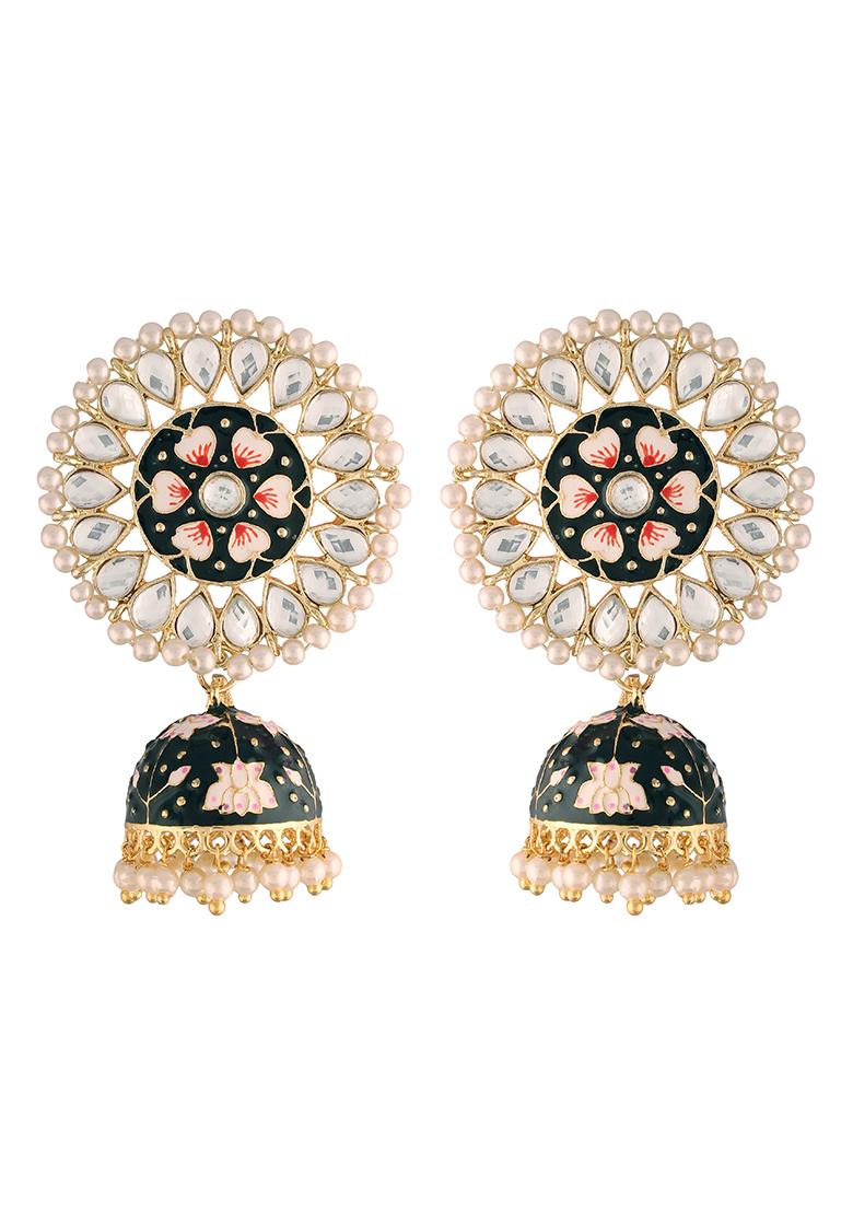 Gold Plated Traditional Handcrafted Kundan Pearl Studded Meenakari Jhumka Earrings