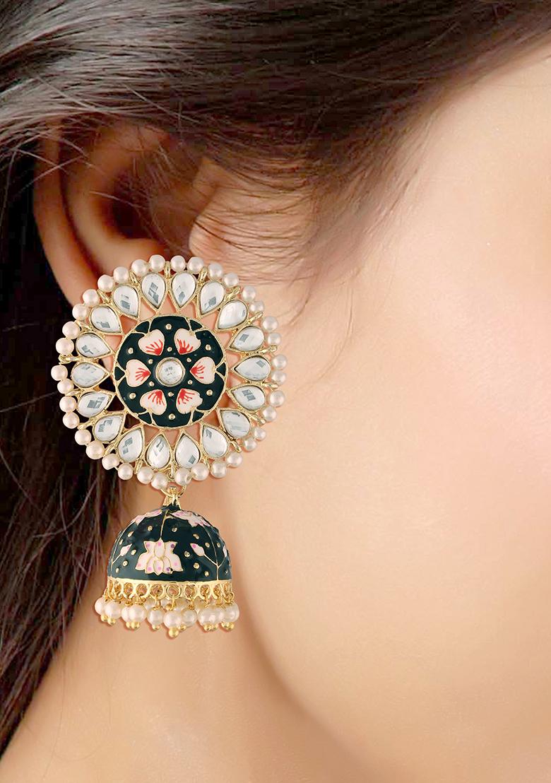 Gold Plated Traditional Handcrafted Kundan Pearl Studded Meenakari Jhumka Earrings
