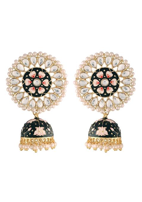 Gold Plated Traditional Handcrafted Kundan Pearl Studded Meenakari Jhumka Earrings