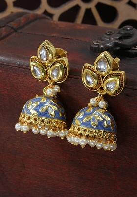 Gold Plated Meena Work Pearl Studded Jhumka Earrings