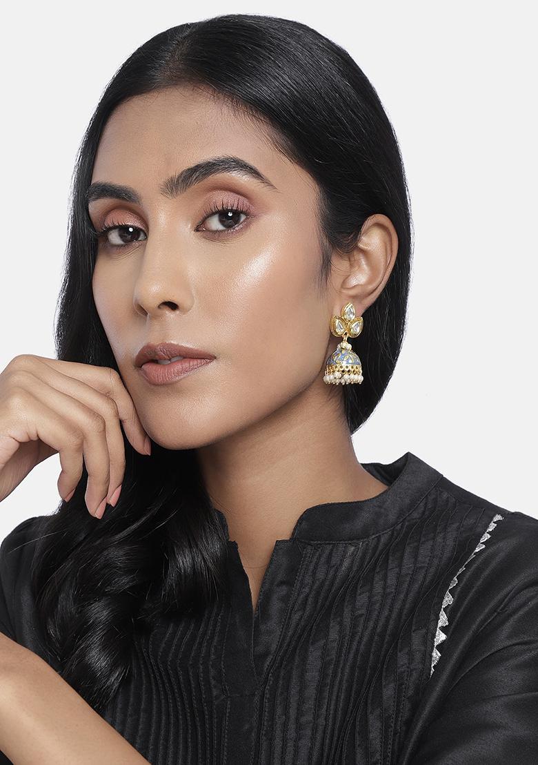Gold Plated Meena Work Pearl Studded Jhumka Earrings