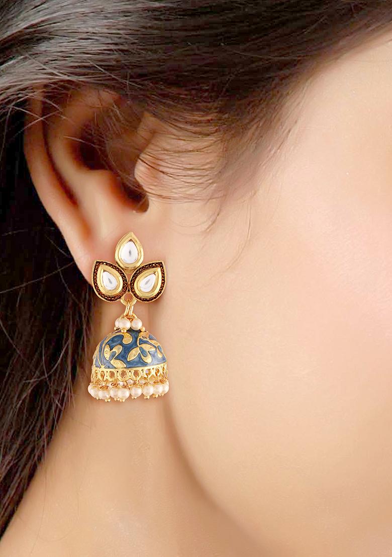 Gold Plated Meena Work Pearl Studded Jhumka Earrings