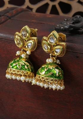 Gold Plated Meena Work Pearl Studded Jhumka Earrings
