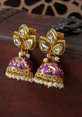 Gold Plated Meena Work Pearl Studded Jhumka Earrings