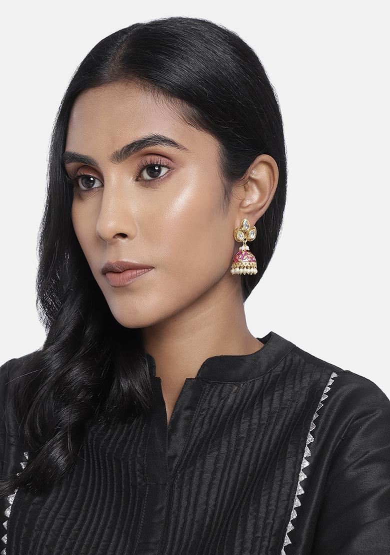 Gold Plated Meena Work Pearl Studded Jhumka Earrings