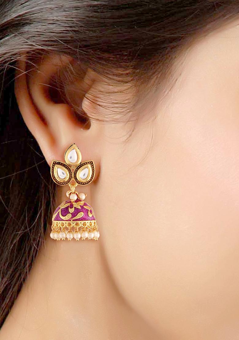 Gold Plated Meena Work Pearl Studded Jhumka Earrings