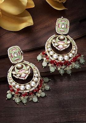 Gold Plated Traditional Meenakari Stone Studded Pearl Dangle Earrings