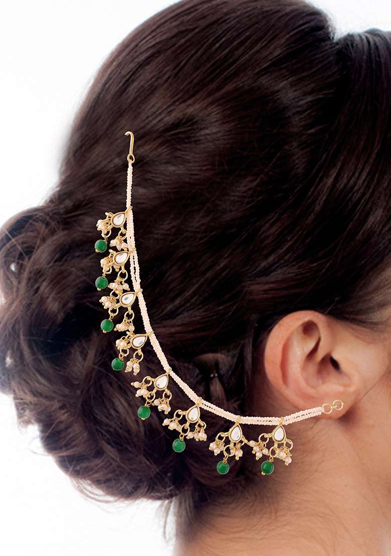 Gold Plated Long Pearl Drop Bead Hair Chain - Indya