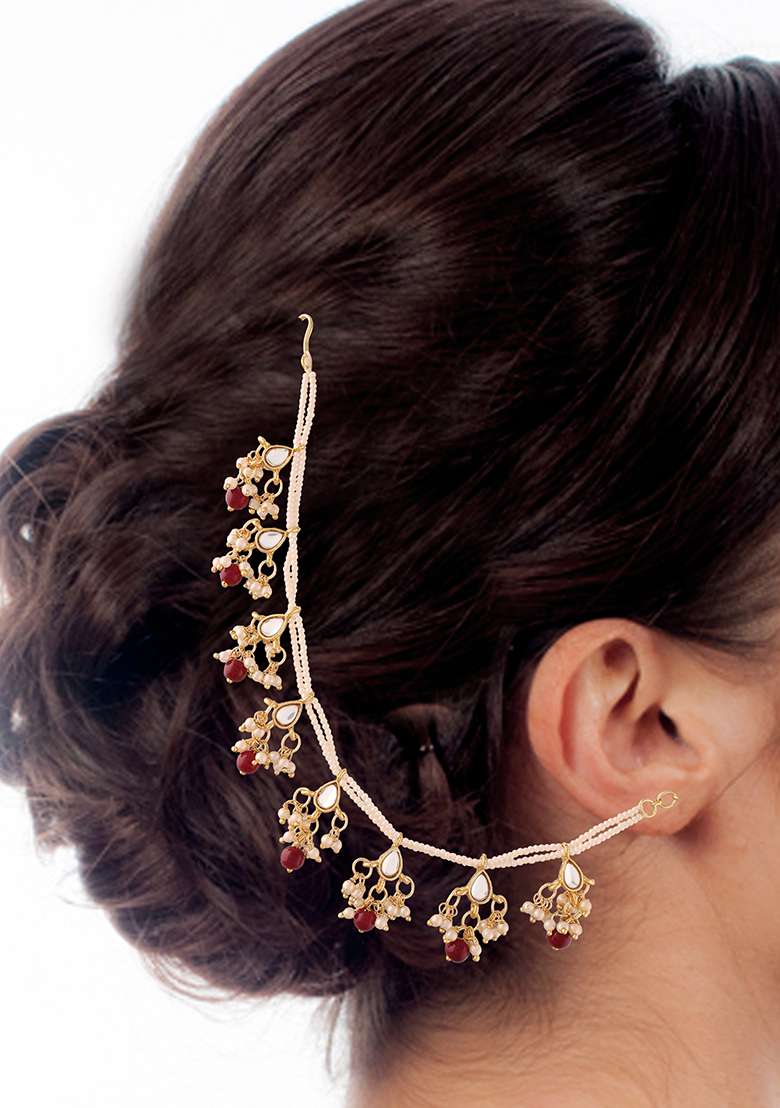 Gold Plated Long Pearl Drop Bead Earring Chain - Indya