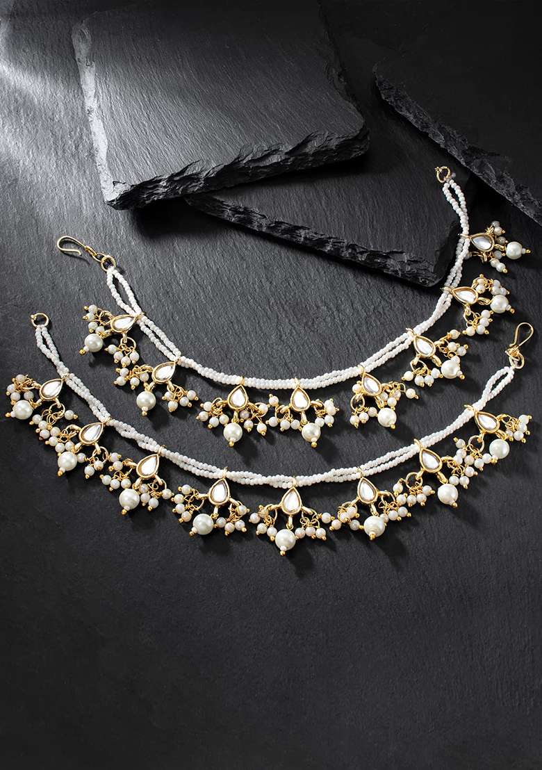 Gold Plated Long Pearl Drop Bead Hair Chain - Indya