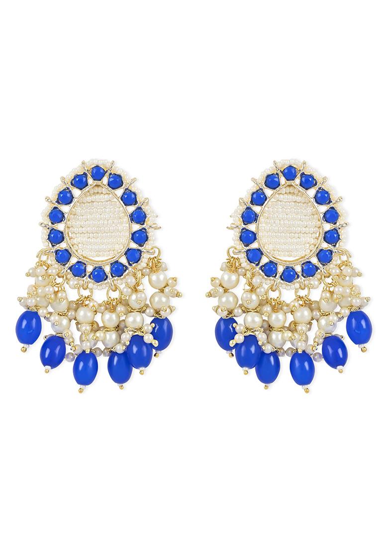 Gold Plated Traditional Kundan Studded Pearl Drop Earrings - Indya