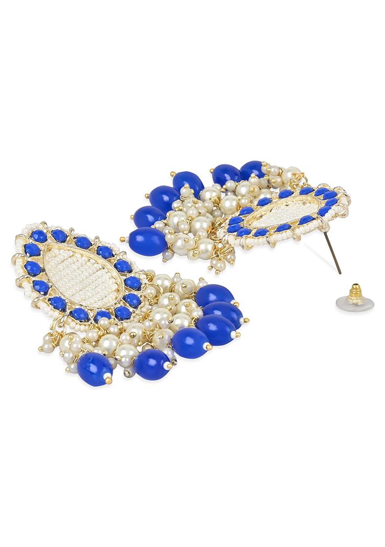 Gold Plated Traditional Kundan Studded Pearl Drop Earrings - Indya