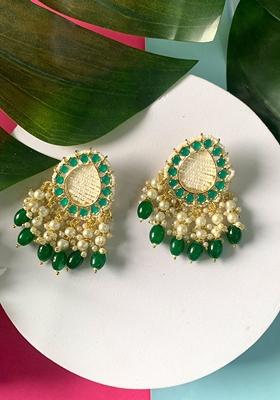 Gold Plated Traditional Kundan Studded Pearl Drop Earrings