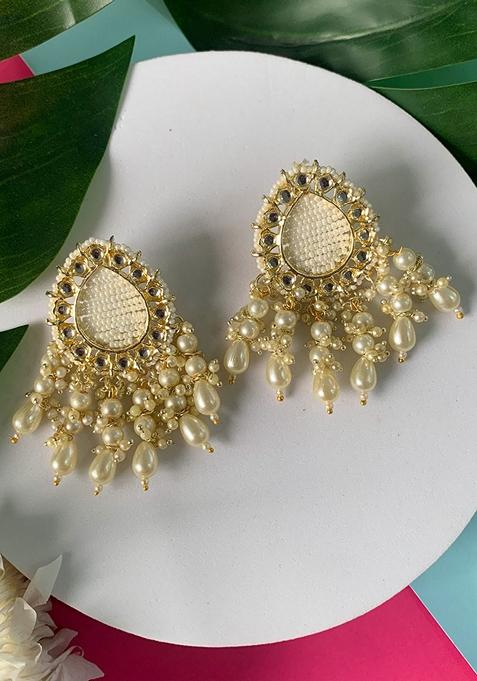 Gold Plated Traditional Kundan Studded Pearl Drop Earrings