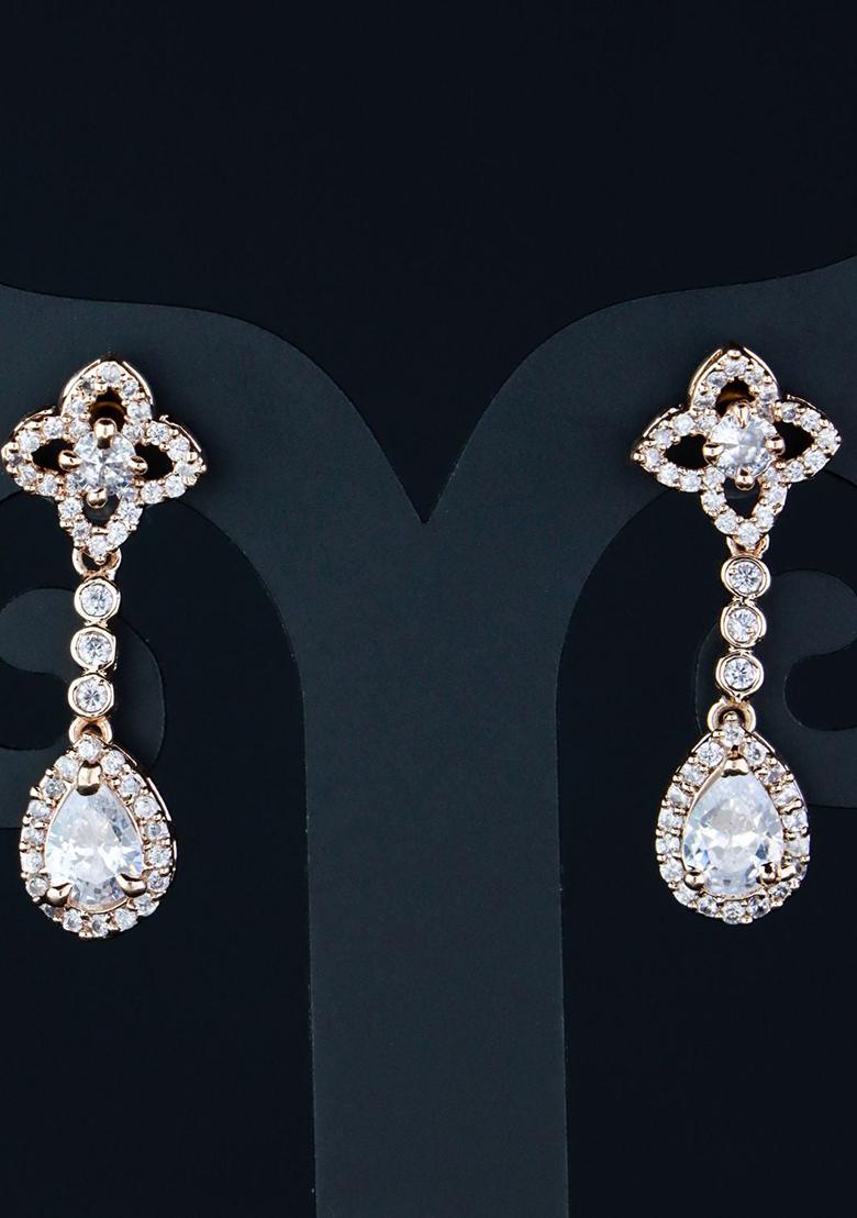 Rose Gold Plated Glittering Crystal Ad Stone Dangle And Drop Earrings