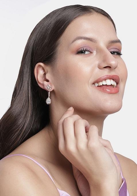 Rose Gold Plated Glittering Crystal Ad Stone Dangle And Drop Earrings