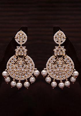 Gold Plated Beaded Chandbali Earrings Gilded With Kundan And Pearl