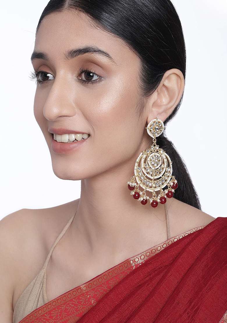 Gold Plated Beaded Chandbali Earrings Gilded With Kundan And Pearl - Indya
