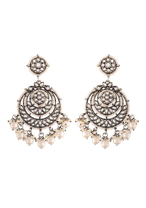 Gold Plated Beaded Chandbali Earrings Gilded With Kundan And Pearl