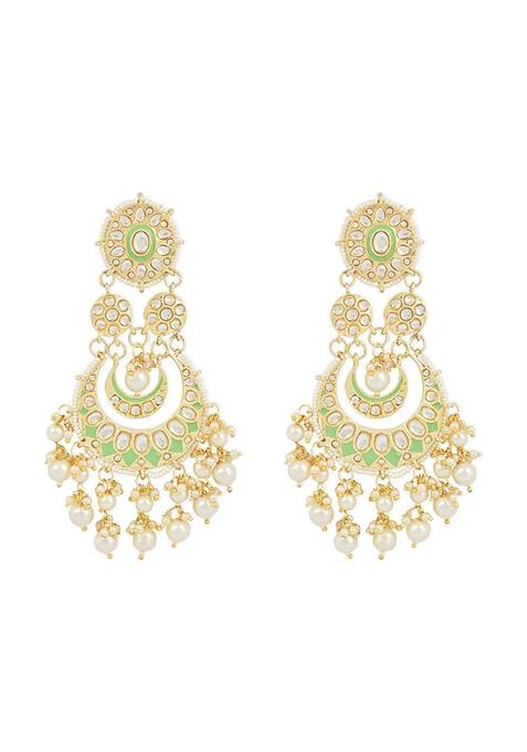 Gold Plated Mint Meenakari Earrings Gilded With Kundan And Pearl