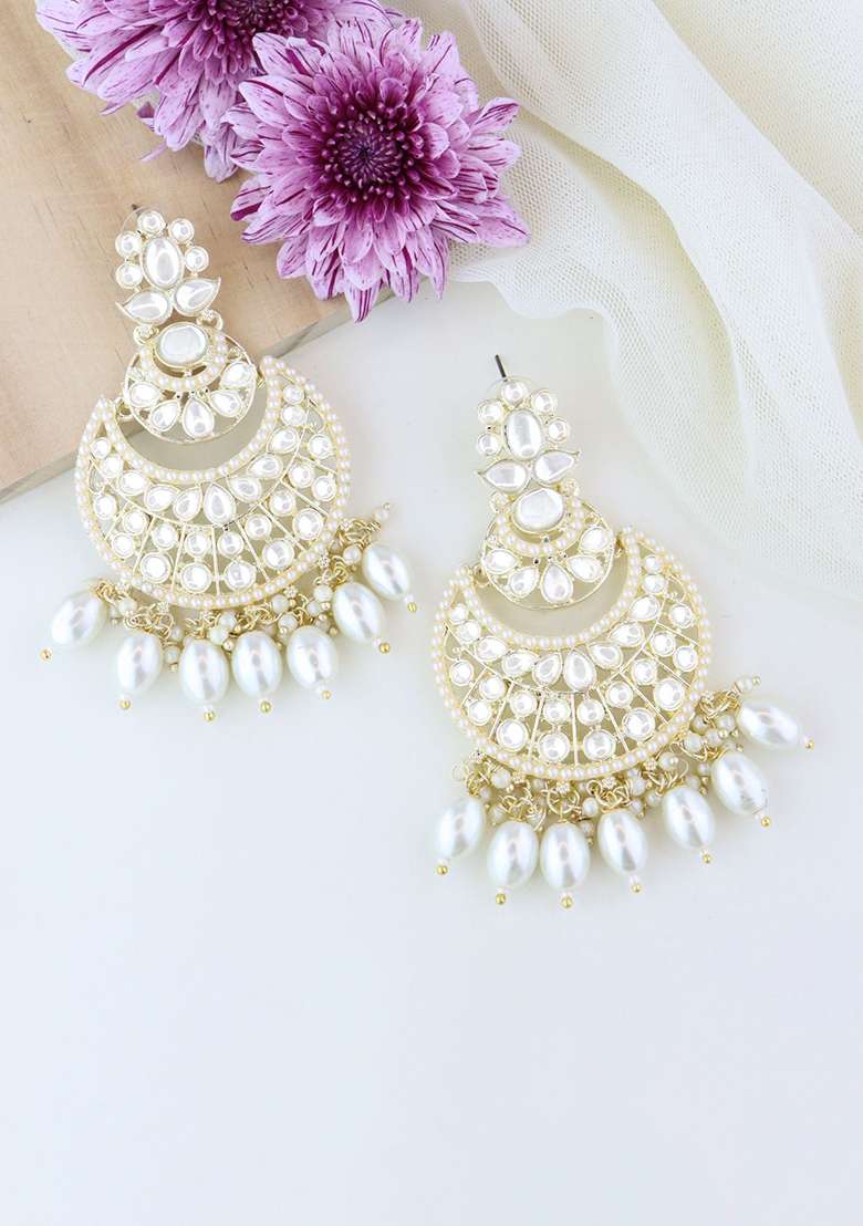 Gold Plated Traditional Handcrafted Pearl Kundan Beaded Chandbali Earrings - Indya