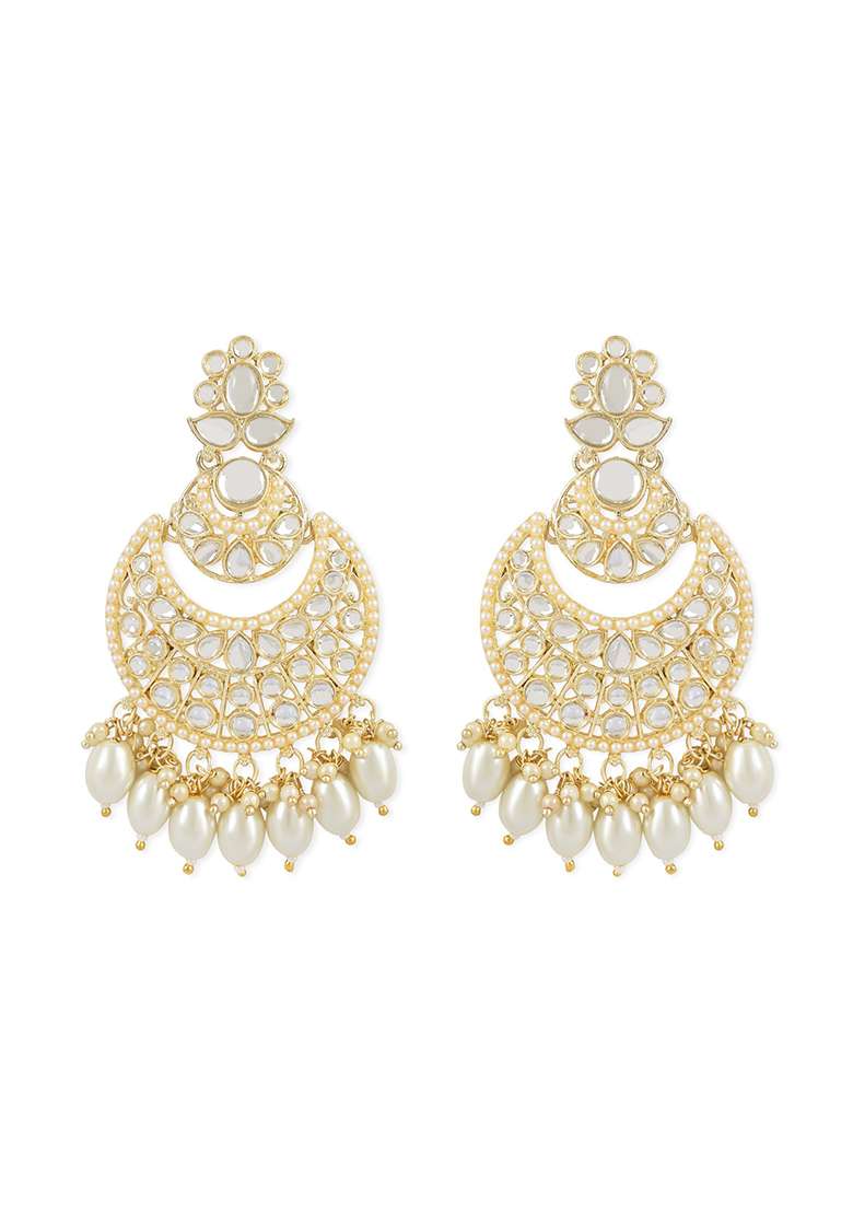 Gold Plated Traditional Handcrafted Pearl Kundan Beaded Chandbali Earrings - Indya
