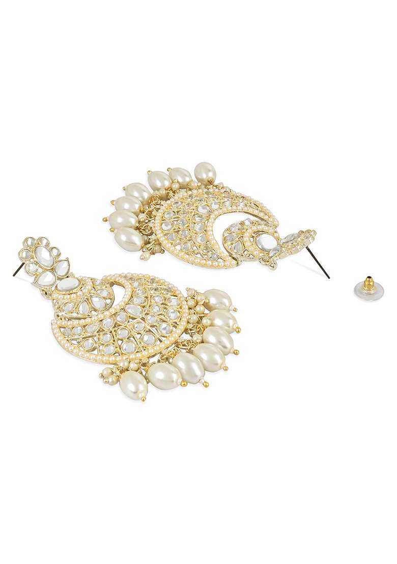 Gold Plated Traditional Handcrafted Pearl Kundan Beaded Chandbali Earrings - Indya