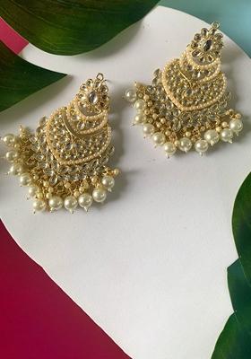 Gold Plated Traditional Handcrafted Pearl Kundan Beaded Chandbali Earrings