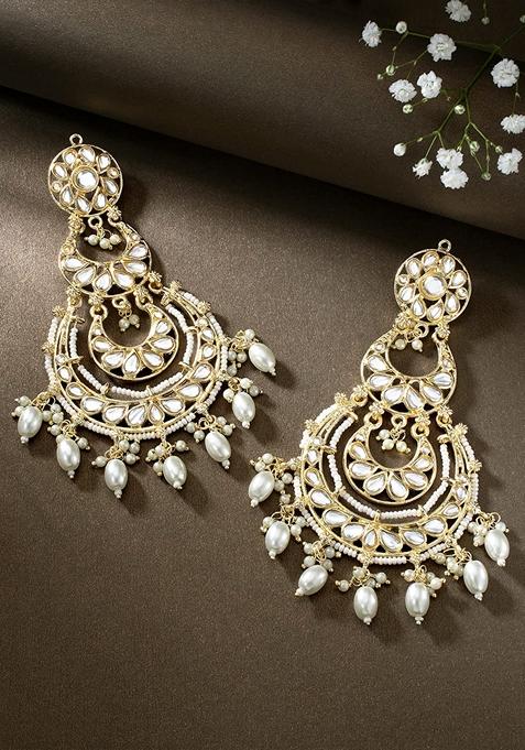 Gold Plated Traditional White Kundan Studded Pearl Handcrafted Dangle Chandbali Earrings