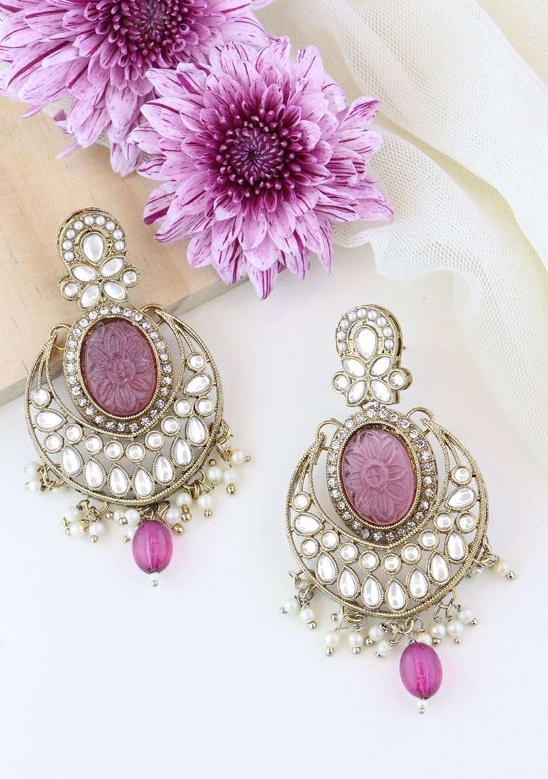 Gold Plated Traditional Pearl Kundan Stone Studded Chandbali Earrings - Indya