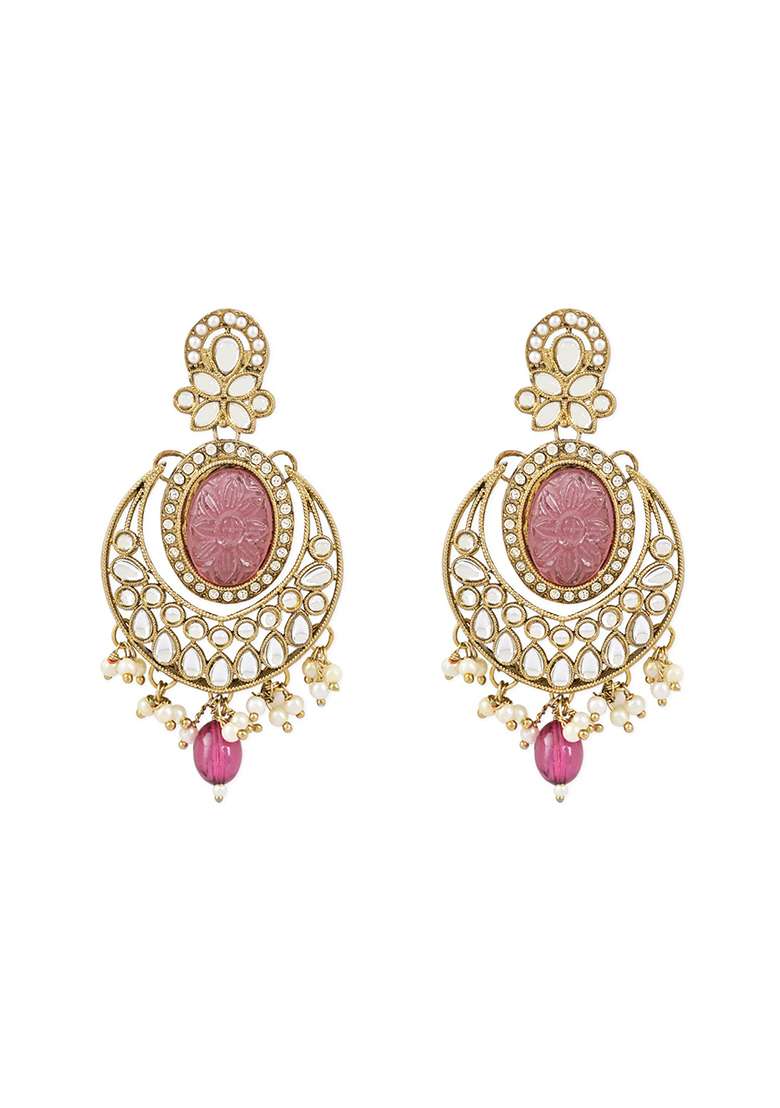 Gold Plated Traditional Pearl Kundan Stone Studded Chandbali Earrings - Indya