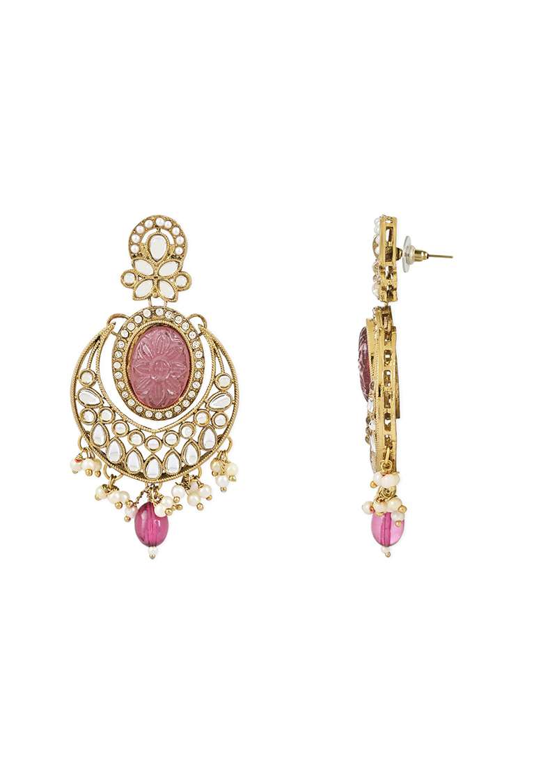 Gold Plated Traditional Pearl Kundan Stone Studded Chandbali Earrings - Indya