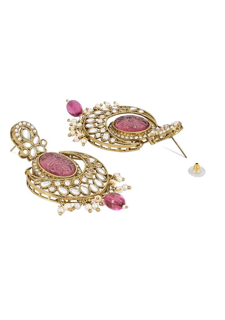 Gold Plated Traditional Pearl Kundan Stone Studded Chandbali Earrings - Indya
