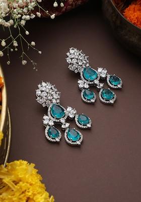 Teal Silver Toned Zirconia Earrings