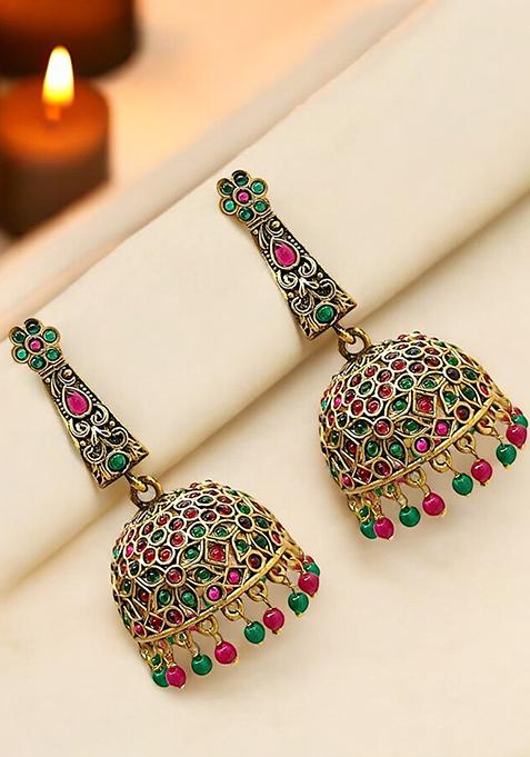 Gold Plated Green And Ruby Floral Jhumka Earrings